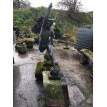 A lead garden figure of Mercury, raised on a stone base,