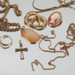 A quantity of chains, earrings, a ring, two cross pendants and other items,