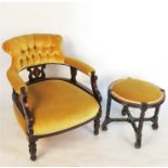 An Edwardian tub chair, with button back and showwood frame, having inlaid line decoration,