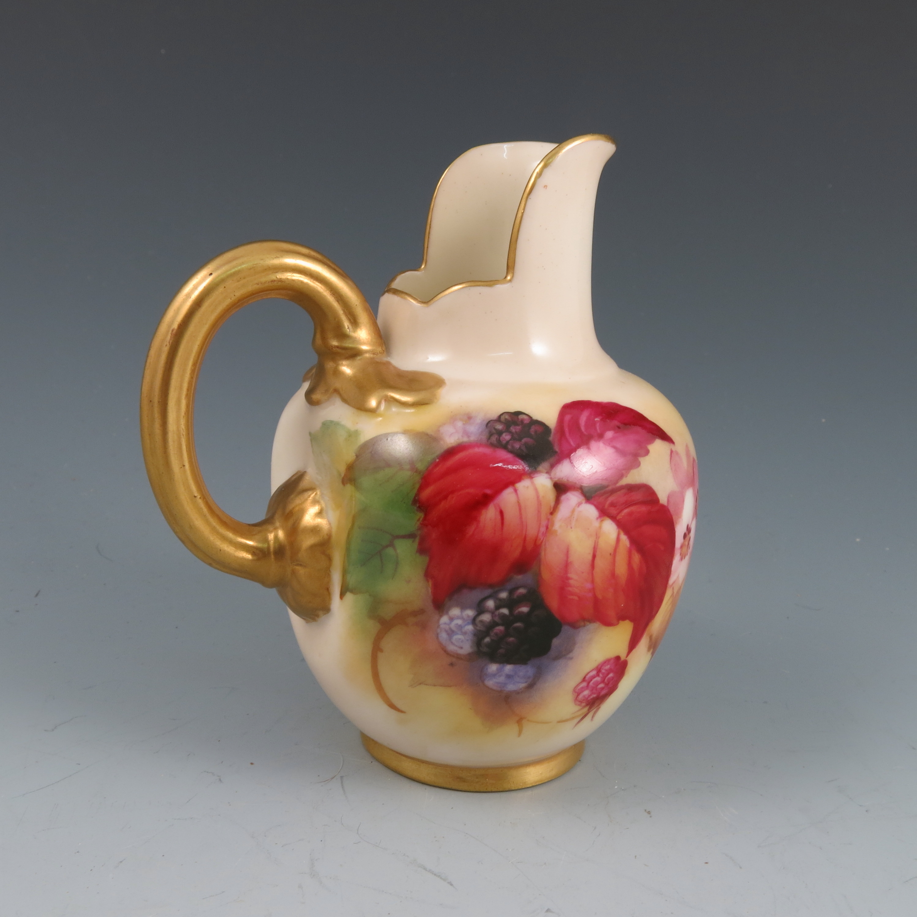 A Royal Worcester flat back jug, hand painted with autumn berries and leaves, signed K Blake, - Image 3 of 5