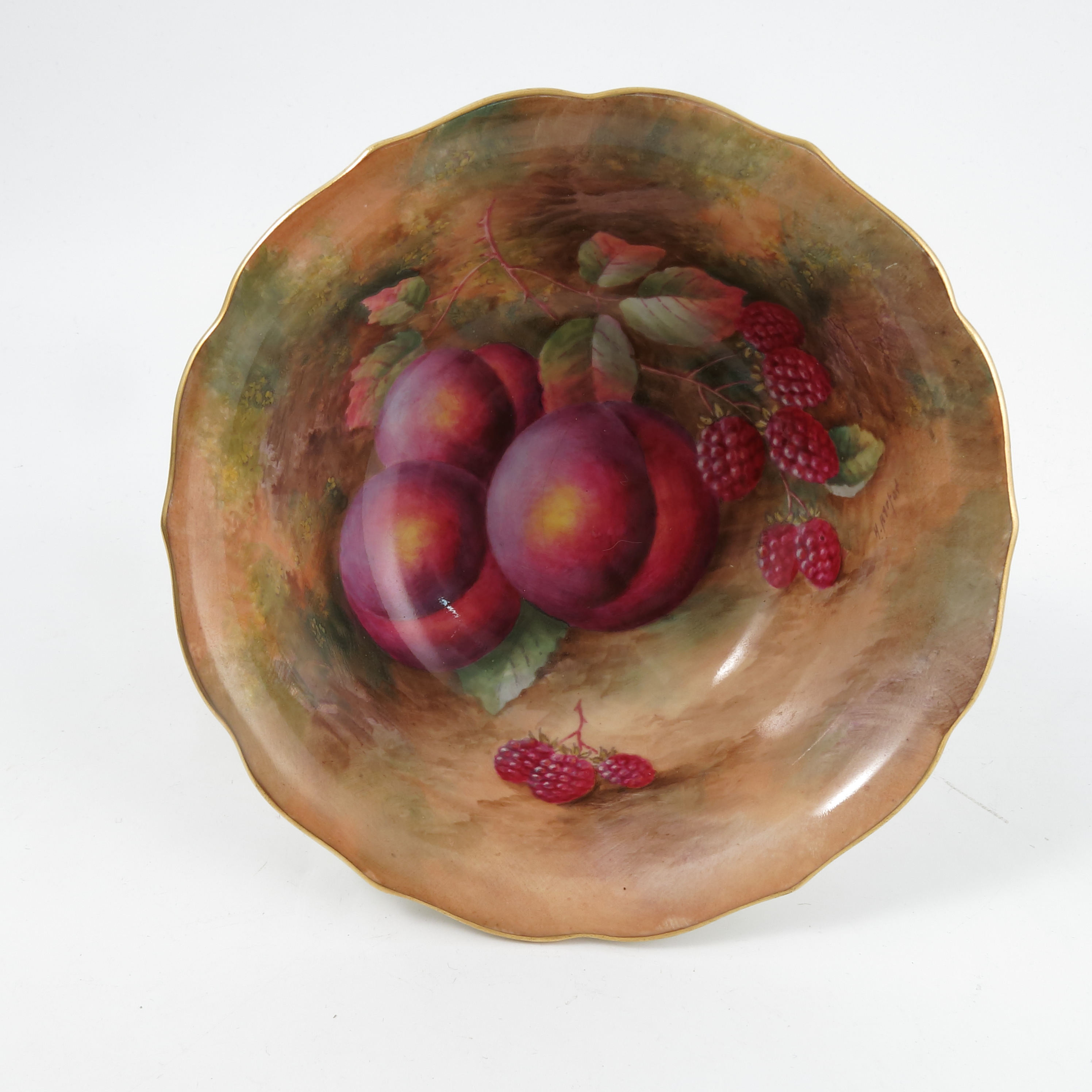 A Royal Worcester bowl, the interior painted with fruit to a mossy background by H Aryton, - Image 3 of 4