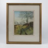 Ken Messer, watercolour, rural grass track with trees and cottage,