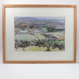 David Prentice, watercolour and reed pen, Across to Bredon, view from the Malvern Hills,