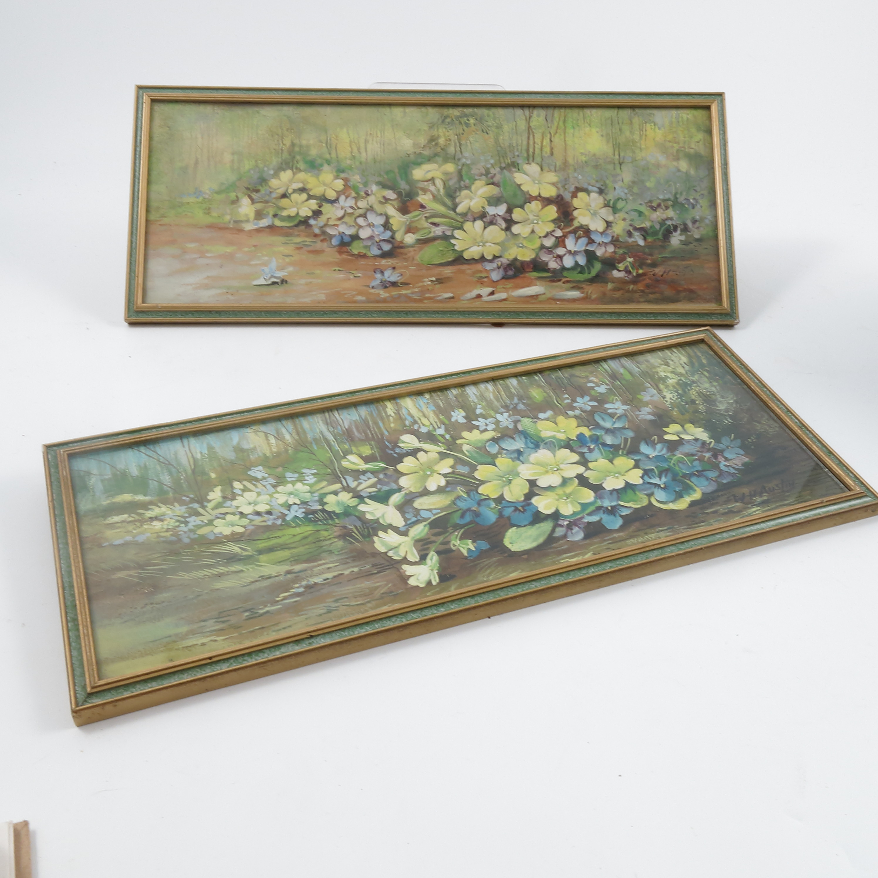 W H Austin, pair of watercolours, flowers to a mossy background, 5.5ins x 14.