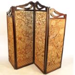 A mahogany and tapestry four fold screen, with shaped top, af,