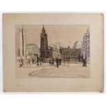 Frank Green, ink and watercolour, City scene, possibly Liverpool, unframed but mounted 8.5ins x 11.