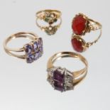 An amethyst and cubic zirconia 9 carat gold ring, with a 9 carat gold three stone Tanzanite ring, 3.
