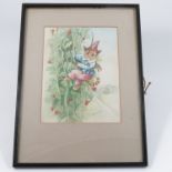 In the manner of Louis Wain, watercolour, a cat climbing a bean stalk, signed, 9.