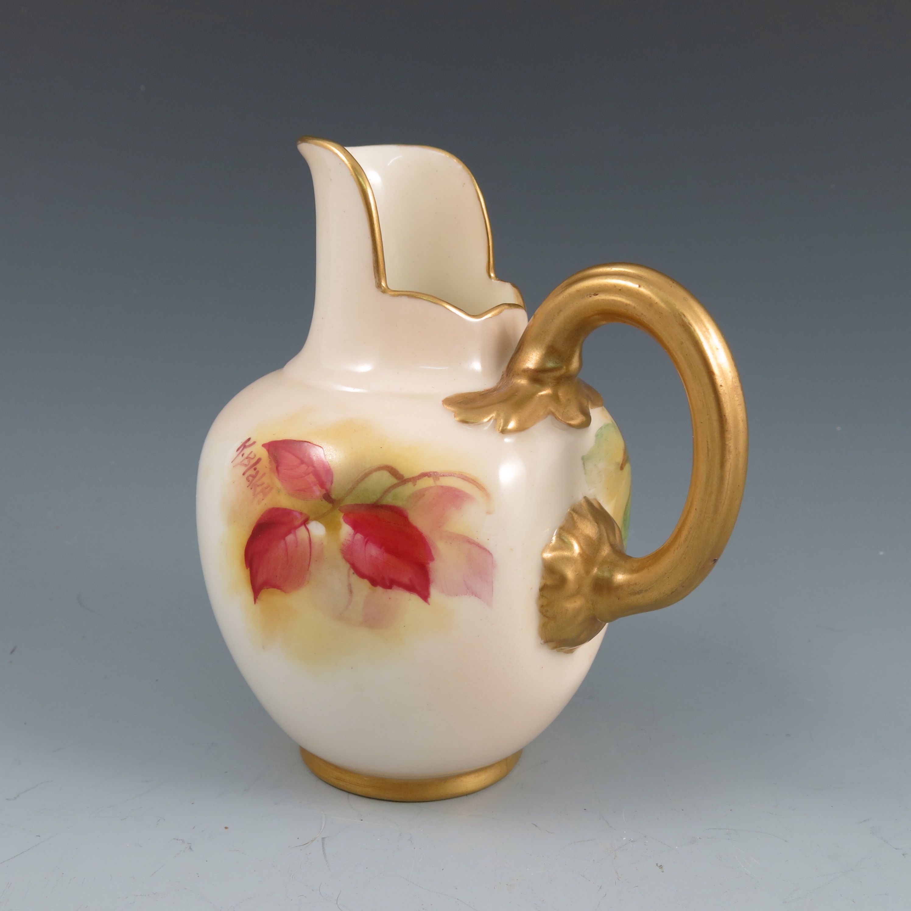 A Royal Worcester flat back jug, hand painted with autumn berries and leaves, signed K Blake, - Image 5 of 5