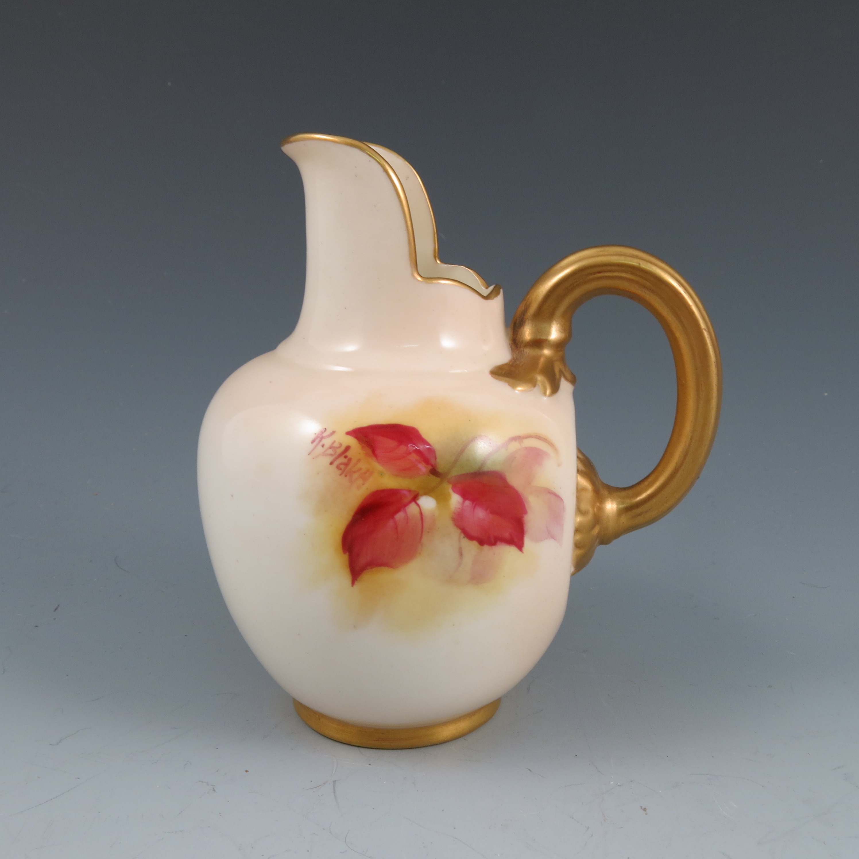 A Royal Worcester flat back jug, hand painted with autumn berries and leaves, signed K Blake, - Image 4 of 5