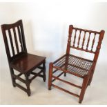 An Antique fruit wood single chair, with turned spindles and bobbin frame, to a webbed seat,