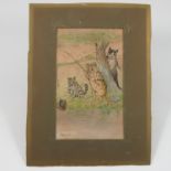 In the manner of Louis Wain, watercolour, three cats fishing on a river bank, signed, unframed, 8.