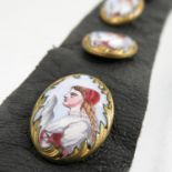 A set of six oval gilt metal and enamelled buttons,