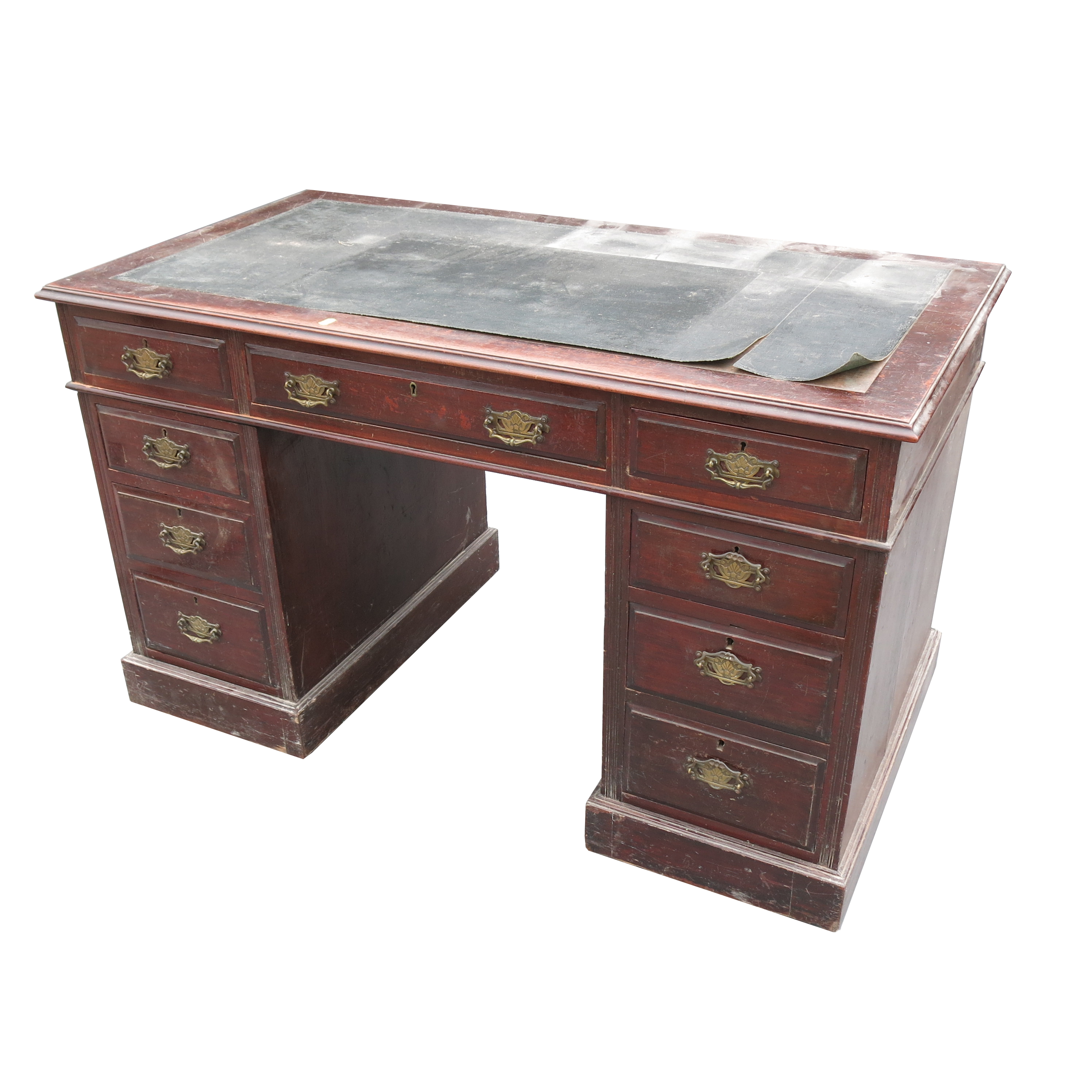 A mahogany desk, fitted with three drawers, over two pedestals of three graduated drawers,