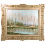 Marcel Dyf, oil on canvas, Peupliers sur les Bords due Loir, river scene with trees, 24ins x 29ins,