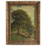 W A Rixon, oil on canvas, rural view of figure and chickens under a large tree, 20.5ins x 13.