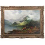 A De Breanski Junior, oil on canvas, The Borders of Loch Fyne, Highland cattle in landscape, 19.