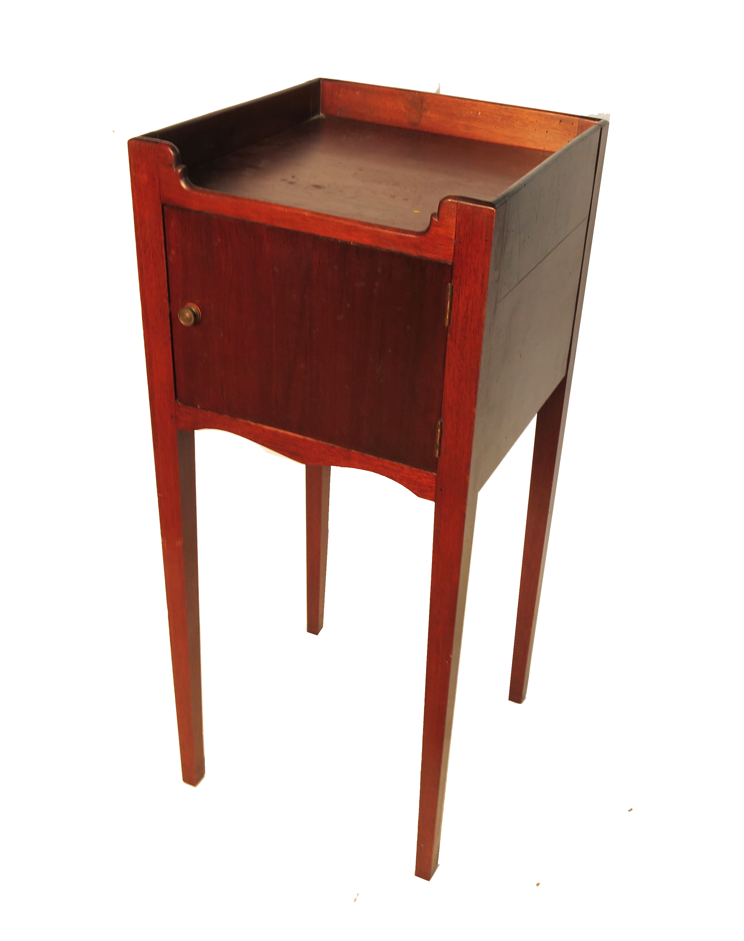 A mahogany bedside cabinet, fitted with a cupboard below a gallery top, width 14.