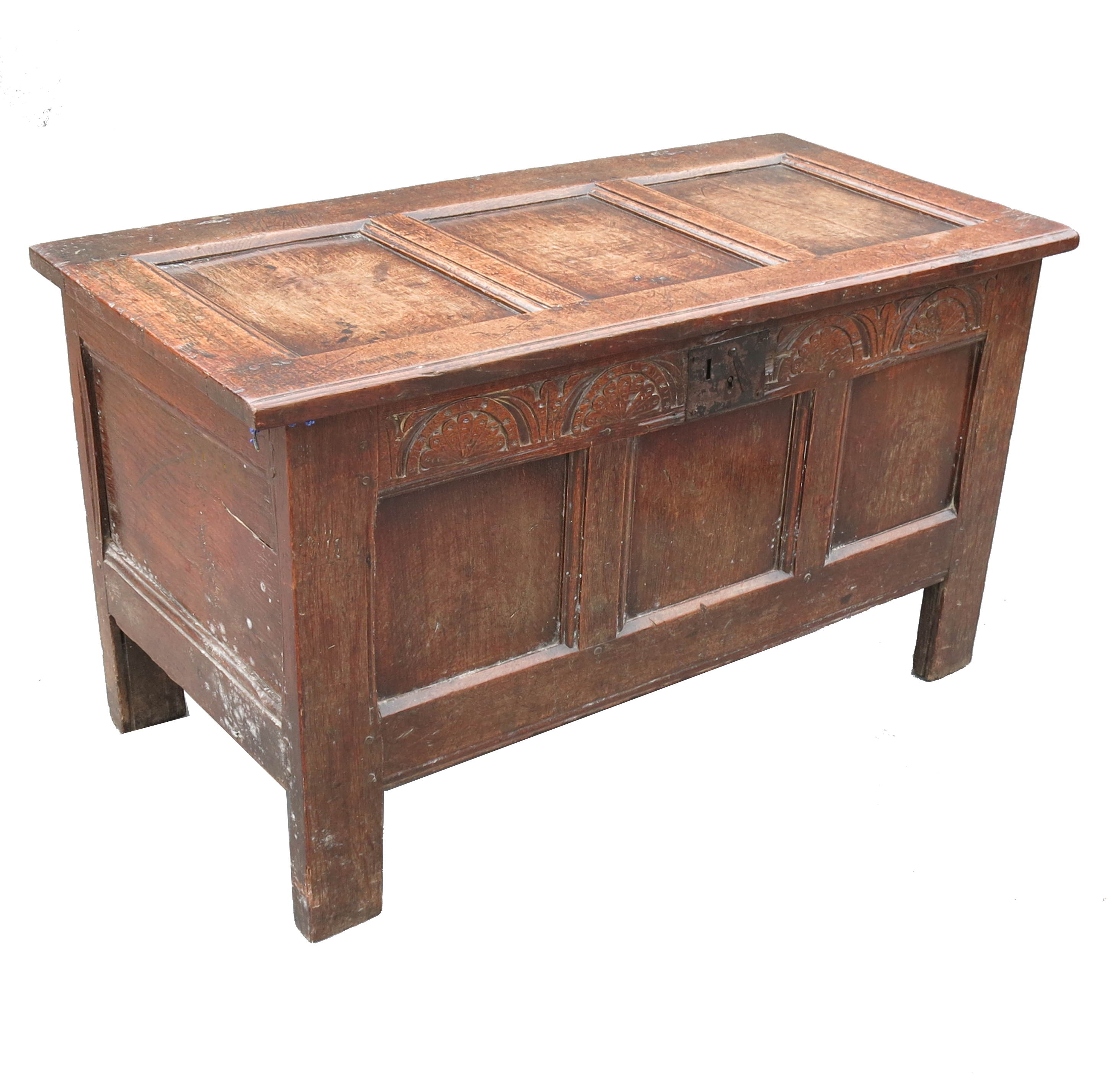 An 18th century oak coffer, with three panels to the front and plain rising lid,