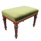 A 19th century rosewood rectangular stool, raised on part carved and turned legs,
