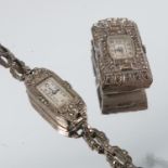 A silver marcasite set lady's wrist watch, on a strap, cased, with a paste set dress clip watch,