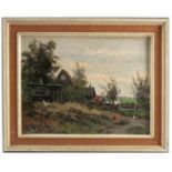 H I Duiverman, oil on board, view of farmhouse with chickens,