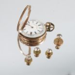 A fob watch, stamped 14k, with metal cuvette, and four 9 carat gold paste set dress studs,