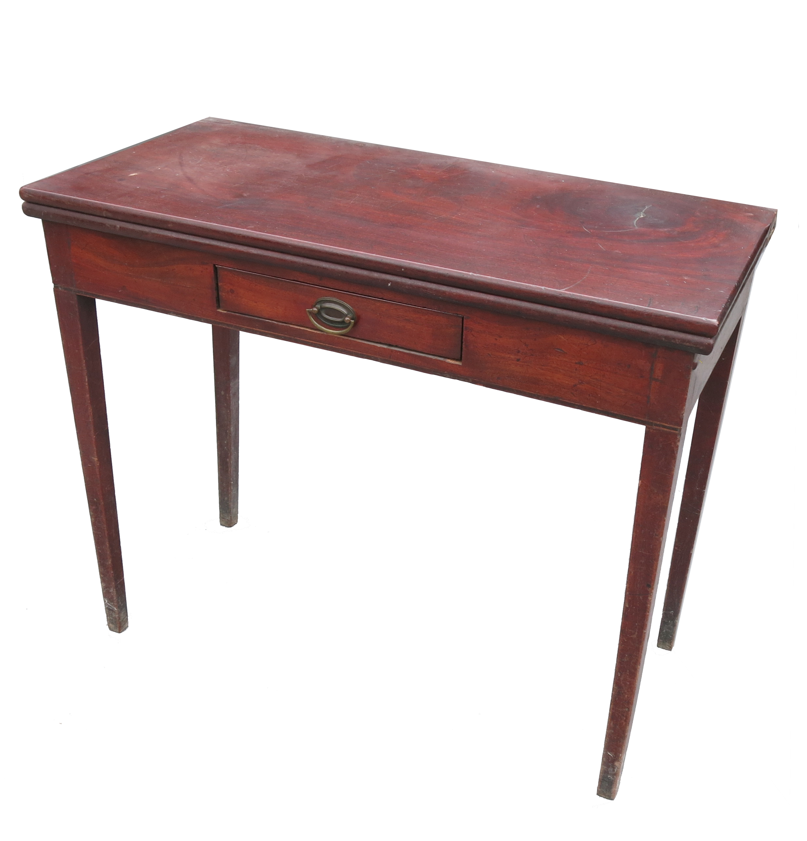 A Georgian mahogany rectangular fold over tea table, raised on square tapering legs,