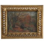 An English School oil on board, autumnal forest view, 7ins x 9.