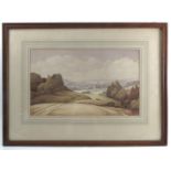 Frederick Mager, watercolour, Edge of Downs, view with sheep grazing, monogrammed,