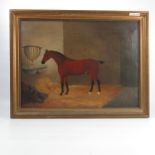 W J Chapman, oil on canvas, study of a bay horse in a stable, dated 1880, 17.