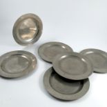 Six Antique pewter plates, all with London touch marks, diameter 9.