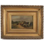 A 19th century oil on panel, landscape with figures on a lane with horse and dogs,