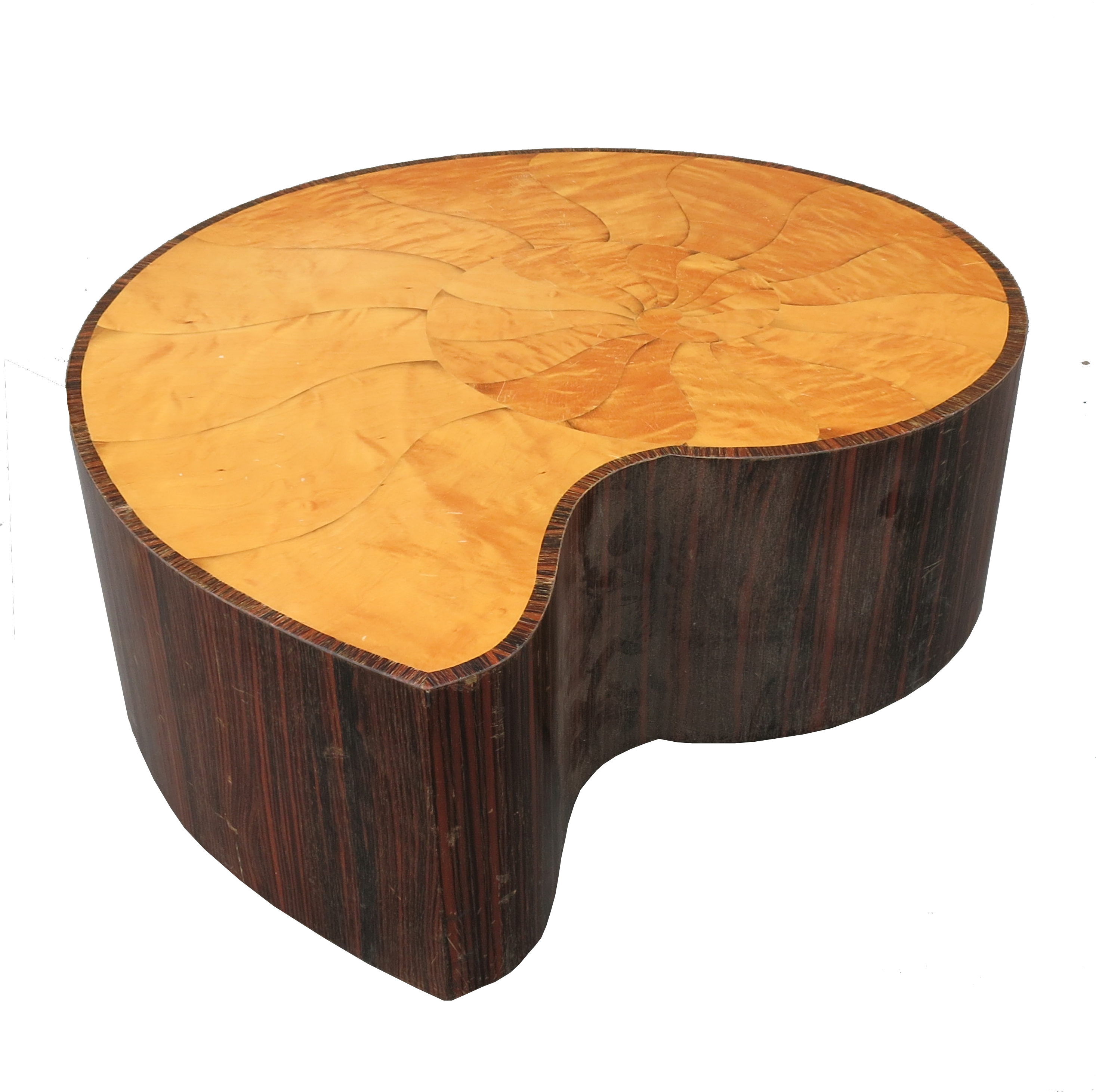 A 1960's ammonite shaped rosewood edged coffee table,