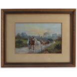 An English School oil on paper, horses being ridden and led down a lane with caravan behind, 6.