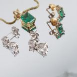 A cubic zirconia and green stone earrings and pendant set, on a 9 carat gold box link chain,