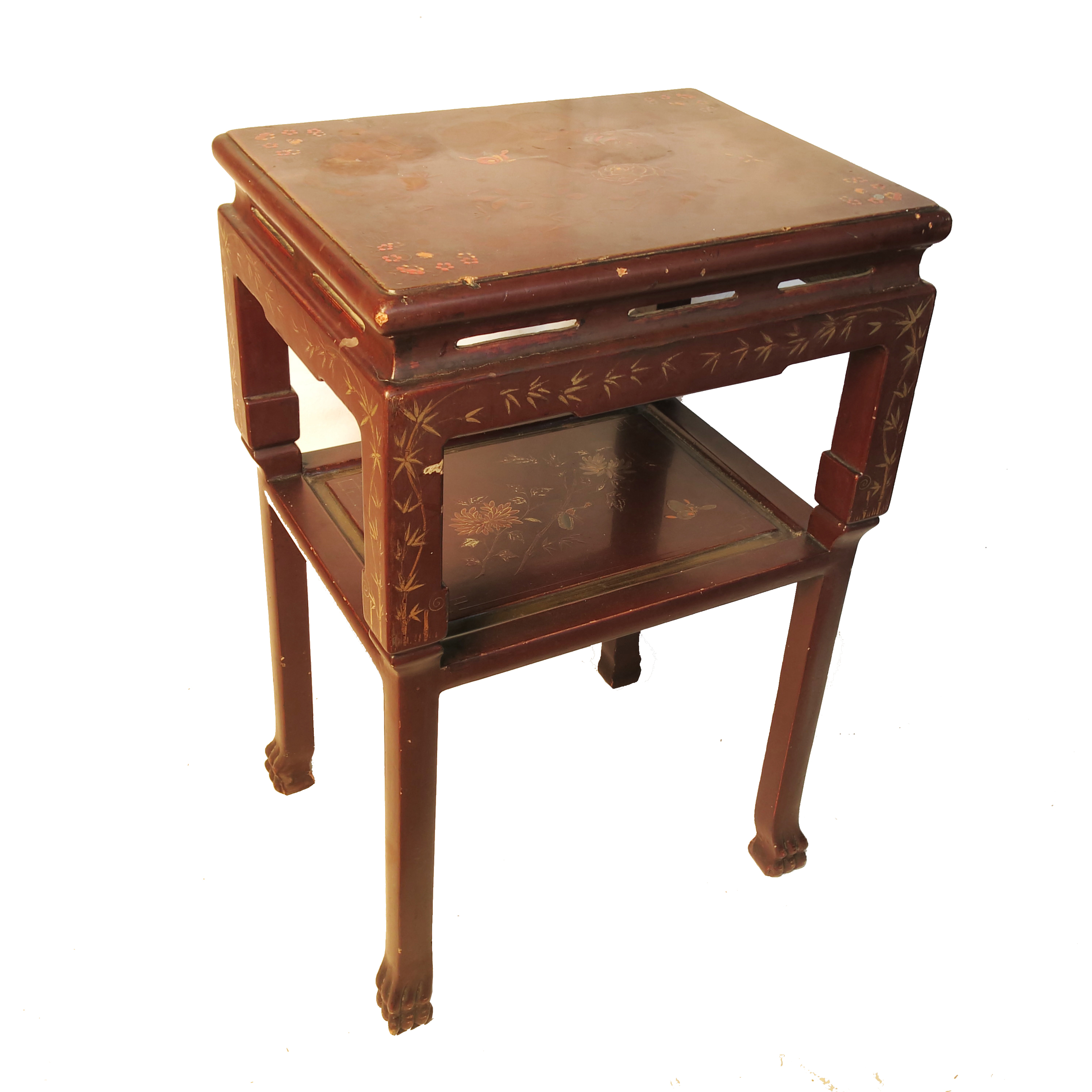 A Chinese brown lacquer table, with gilt decoration to the top, undershelf and legs, 17.5ins x 13.