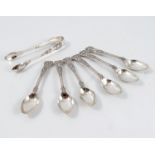 A set of six silver Kings pattern tea spoons, together with matching sugar tongs, Sheffield 1898,