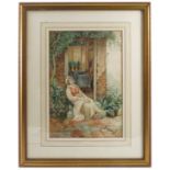 C J Keats, watercolour, girl seated in a doorway, 14ins x 9.5ins