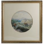 William Herdman Jnr, a circular Victorian watercolour of a man fishing in a rocky stream, with