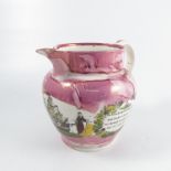 A Sunderland pink lustre jug, circa 1830, decorate