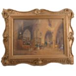 A 19th century watercolour, church interior scene with figures and animals, inscribed verso A