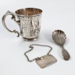 A Victorian silver christening mug, with embossed and engraved decoration, Sheffield 1867, weight