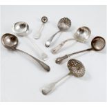 A collection of silver ladles, to include two Georgian silver ladles engraved with initials, a
