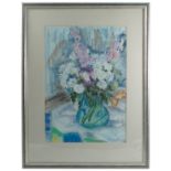 Roslyn Zalin, pastel, flowers in a blue glass pitcher, 19ins x 13ins