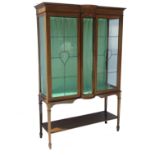 An Edwardian display cabinet, with bow central section flanked by two door, raised on tapered legs