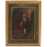 Oil on canvas, a man in 18th century dress playing a double bass seated at a music stand, 13ins x