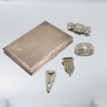 A cigarette case, unmarked, tests as silver, 153g (4.9 troy oz) gross, together with five pieces