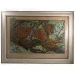 K Nixon, oil on board, cheetah lying on a tree branch, 19ins x 33ins