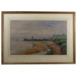 John William Buxton Knight, watercolour, beach scene with pier, signed and dated, 11.75ins x 19ins